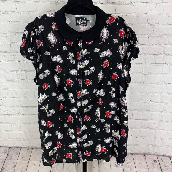 Hell Bunny Unicorn Print Puff Sleeve Button Down Shirt - Picture 1 of 7